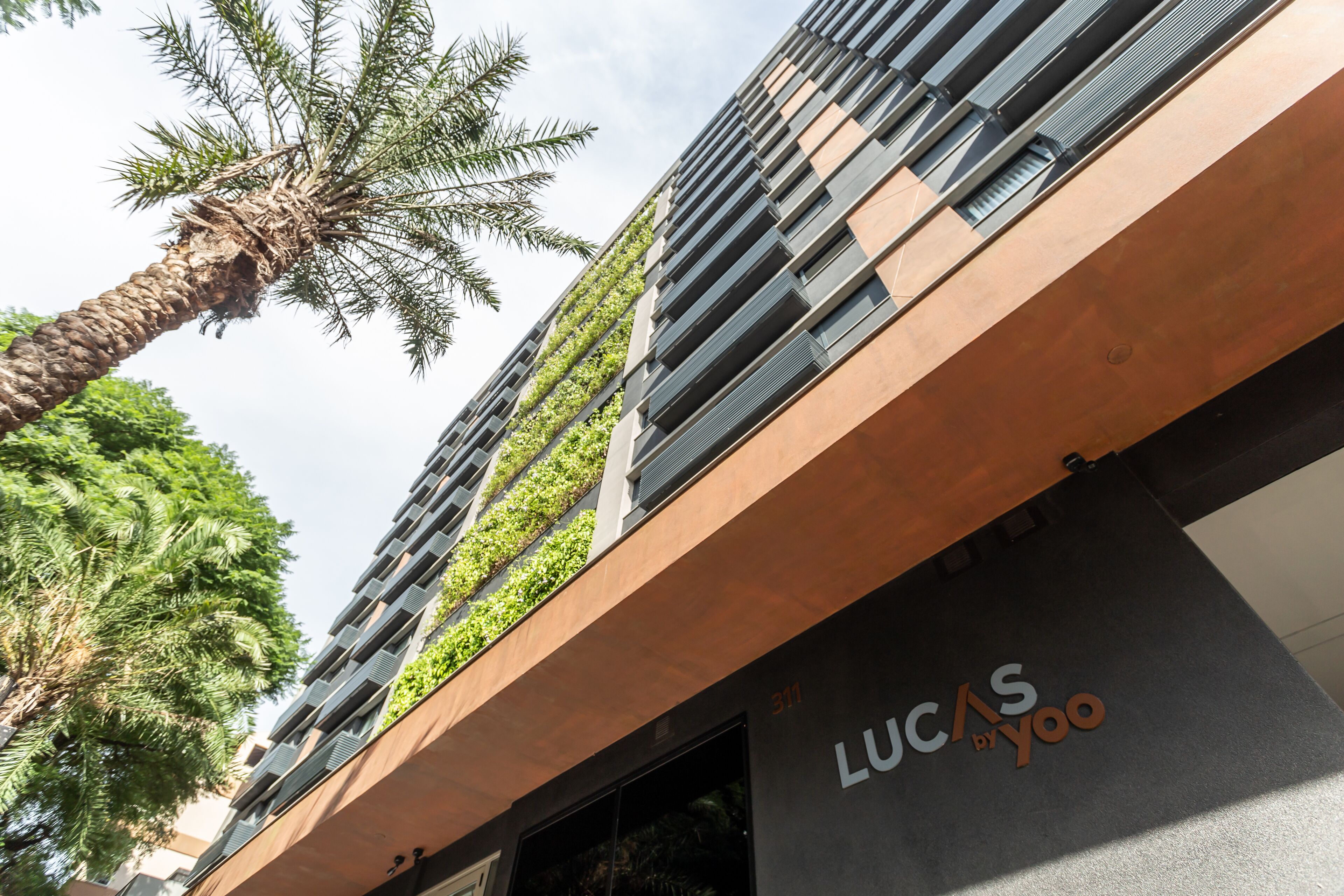 A modern building with a flat roof, a visible sign reading "LUCAS by YOO," and a palm tree in the foreground.