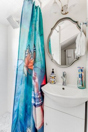 Shower, hair dryer, towels