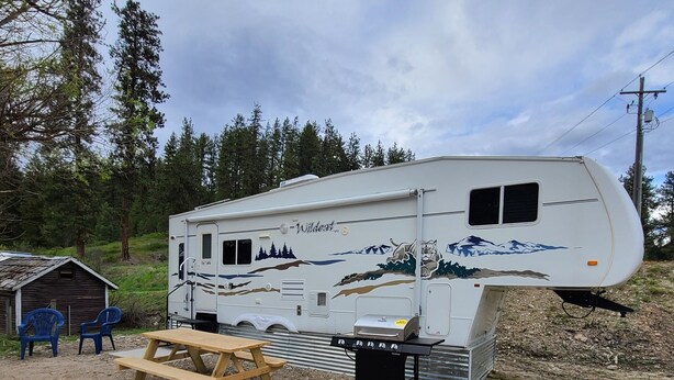 A recreational vehicle with a mountain design, a picnic table, and a grill. - Minigolf Course TIGER Camper Hot Tub - AC - Furnace - Fully Furnished (St. Regis)