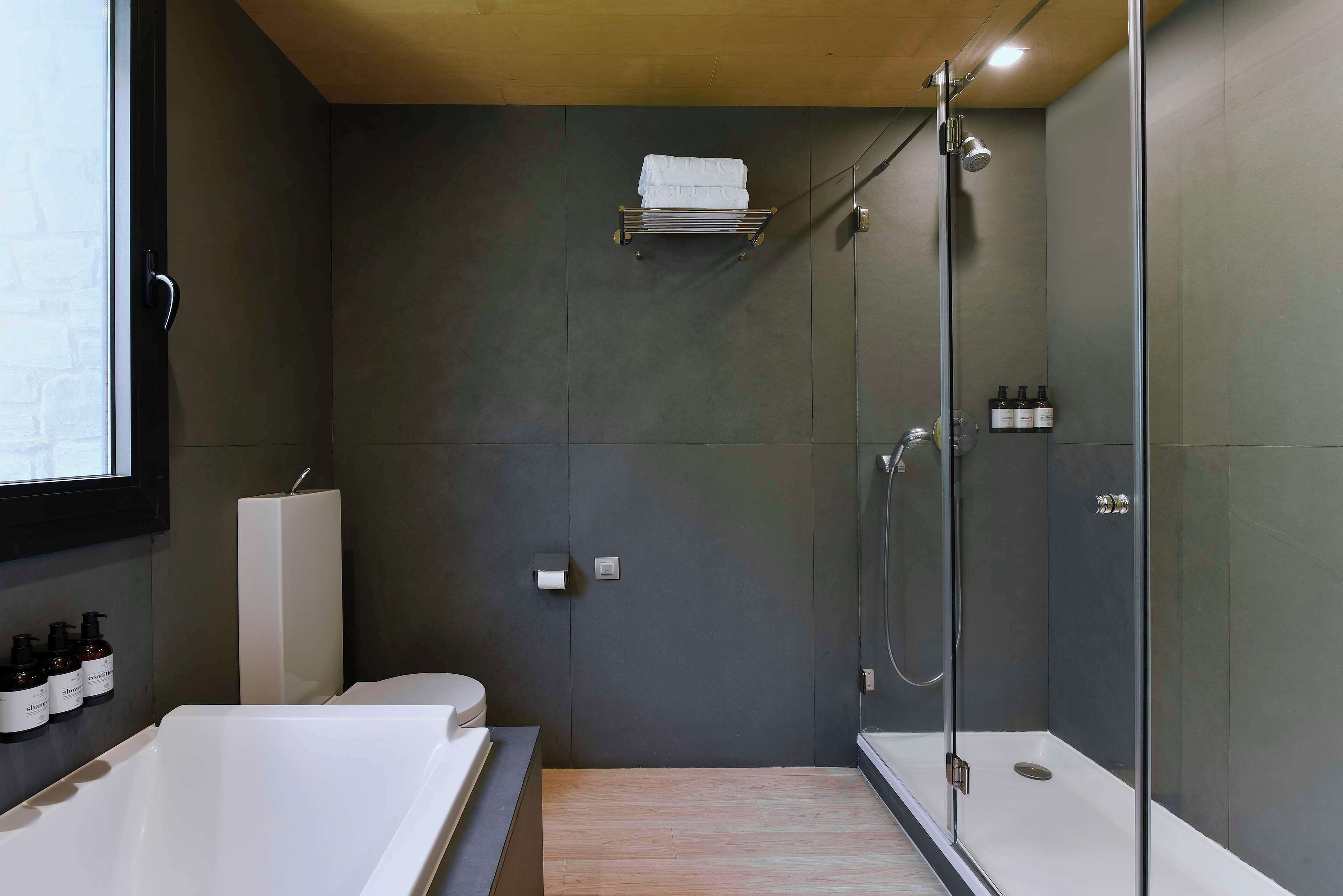 A modern bathroom with a glass-enclosed shower, a white bathtub, and a toilet.