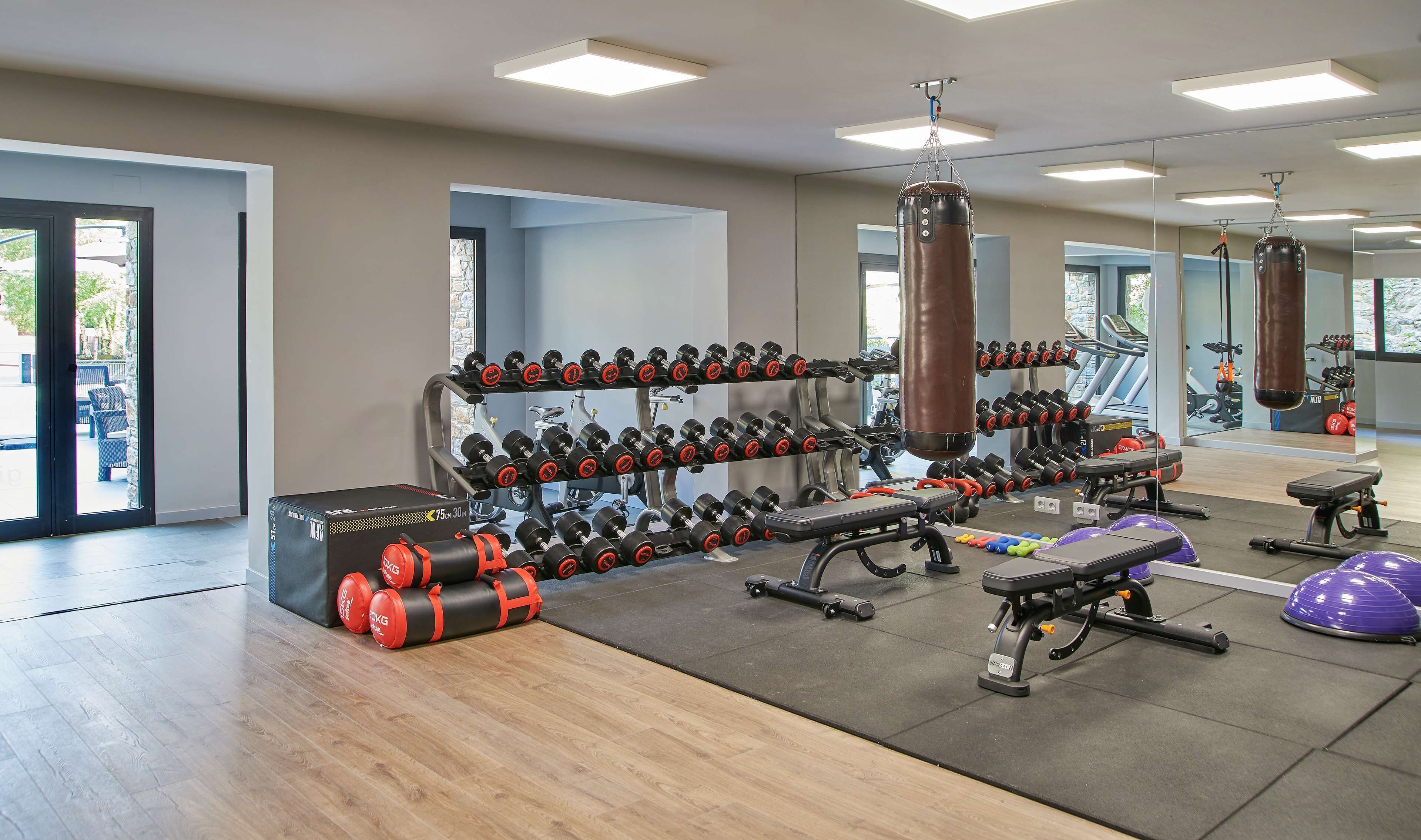 A gym with weightlifting equipment, cardio machines, and a punching bag.