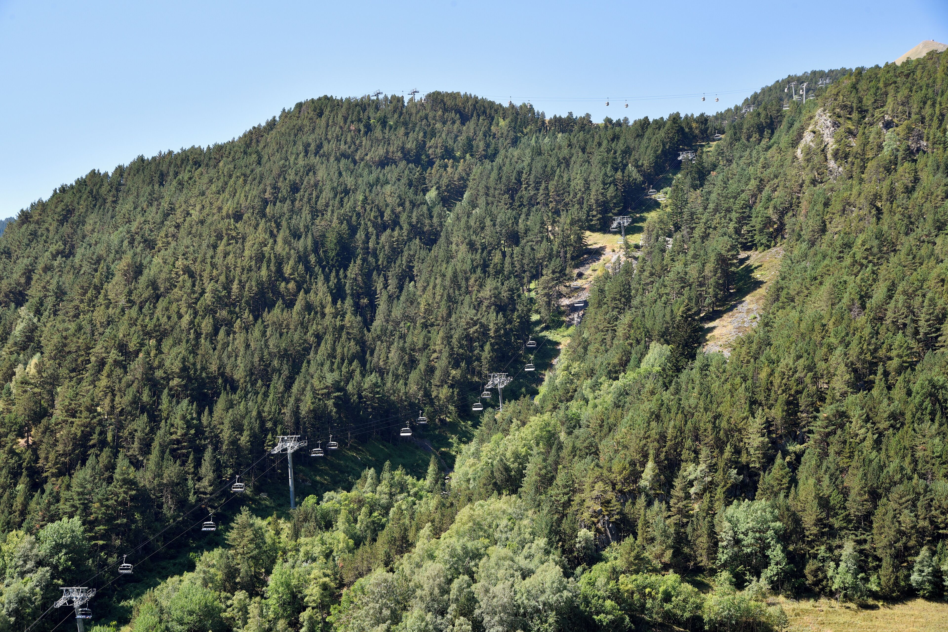 A mountainous area with dense forest and a cable car system.