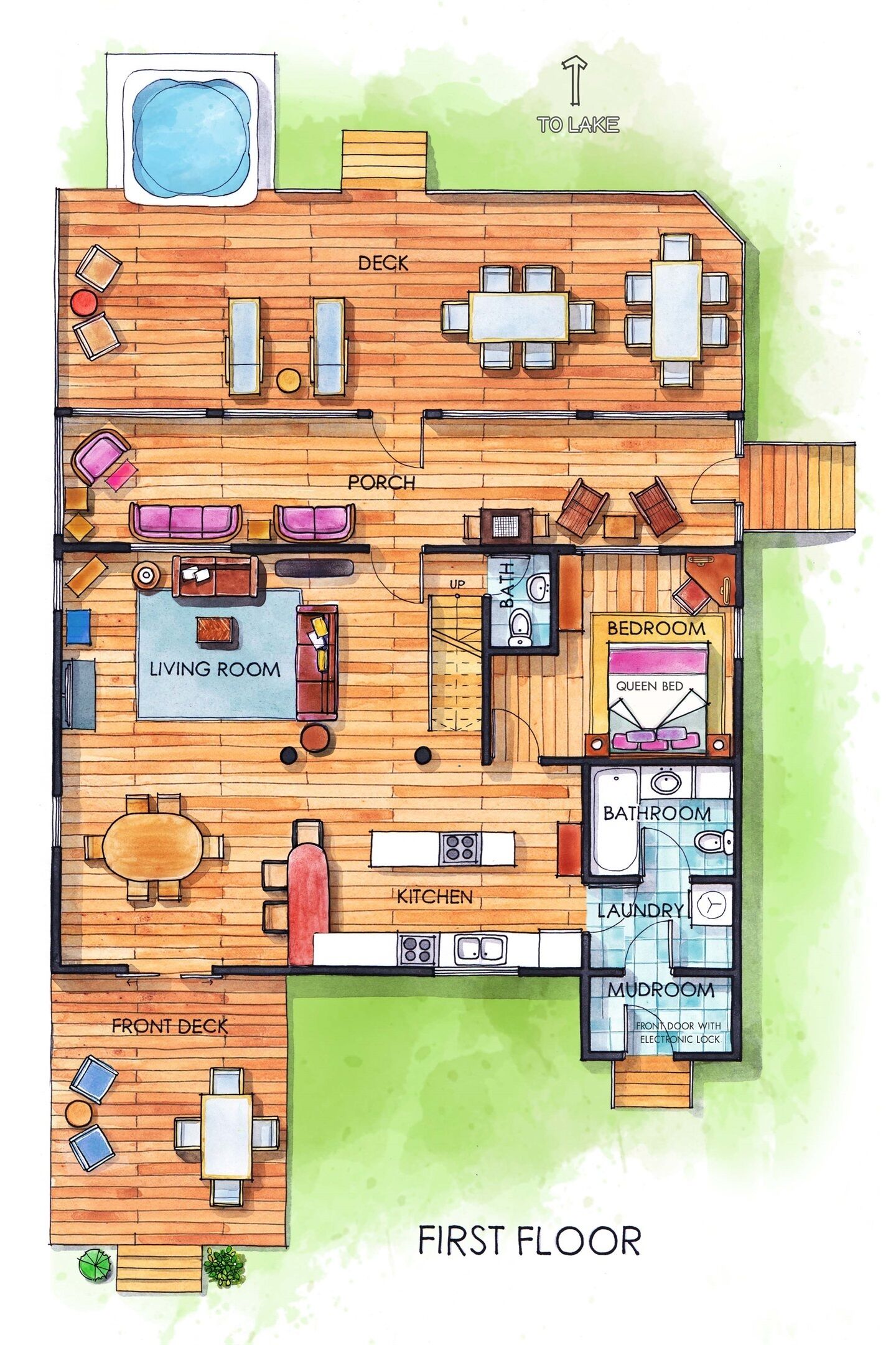A first-floor floor plan of a cabin with a deck, living room, kitchen, bathroom, and a mudroom.