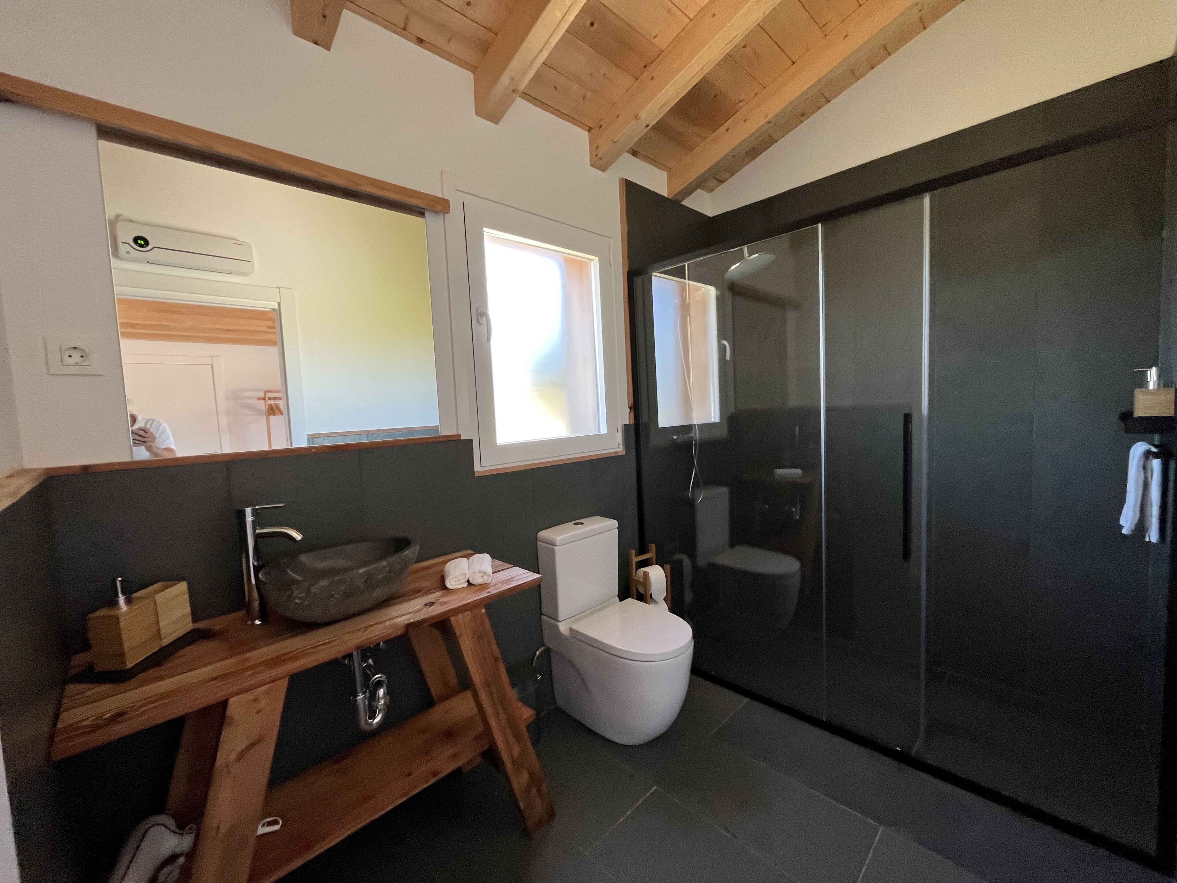 A modern bathroom with a wooden vanity, a white toilet, and a glass shower enclosure.