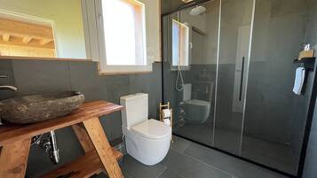 Un baño moderno con un lavabo de piedra, un inodoro y una ducha con mampara de vidrio.