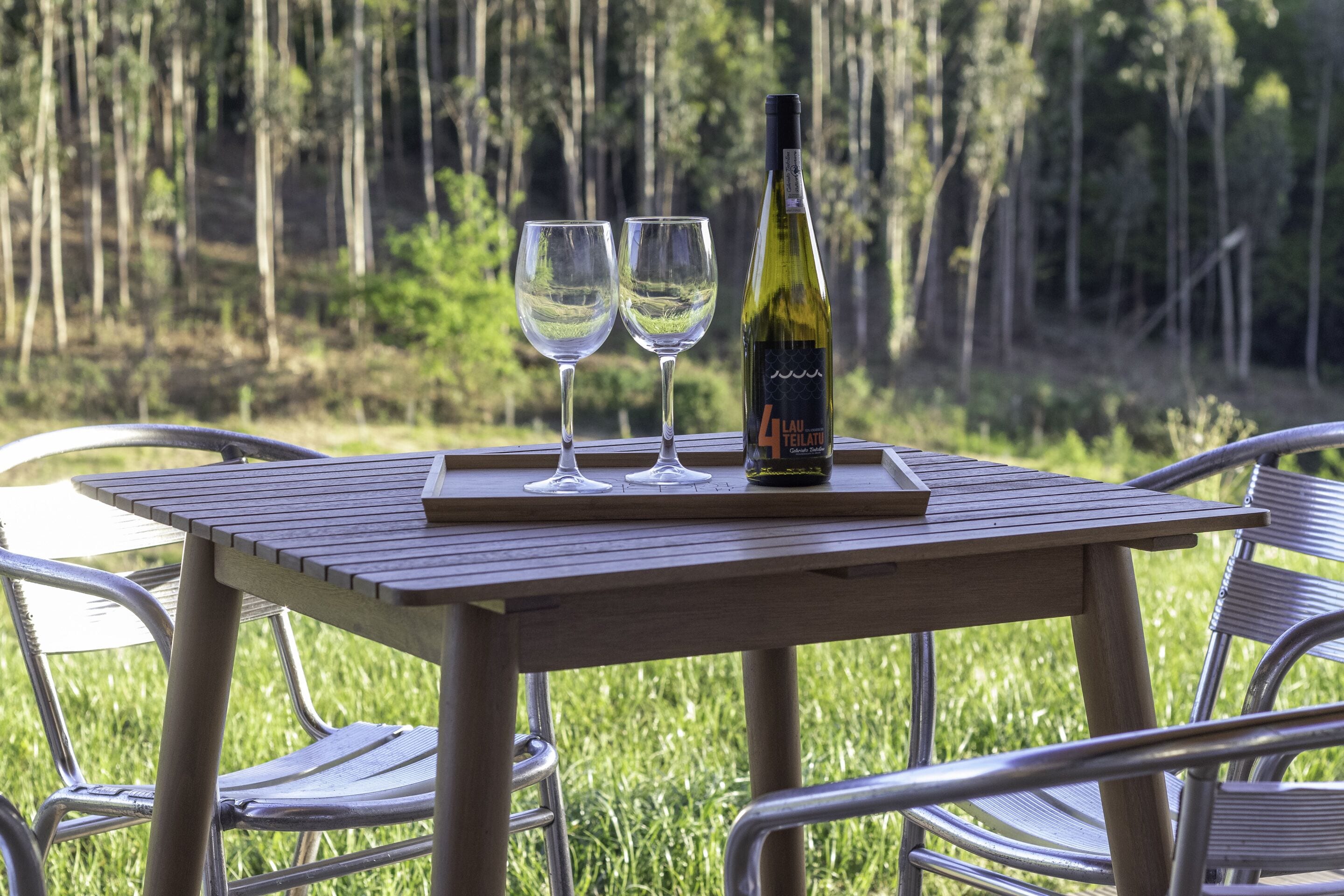 Una mesa con dos copas de vino y una botella, ubicada al aire libre con sillas metálicas y un bosque de fondo.