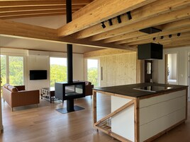 Deluxe Apartment, 3 Bedrooms, Terrace, Pool View | Living area | 50-inch Smart TV with digital channels, TV