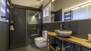 A modern bathroom with a glass-enclosed shower, a white toilet, and a large stone sink on a wooden countertop.