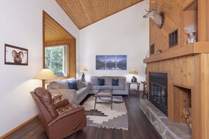 Smart TV, fireplace, foosball, books