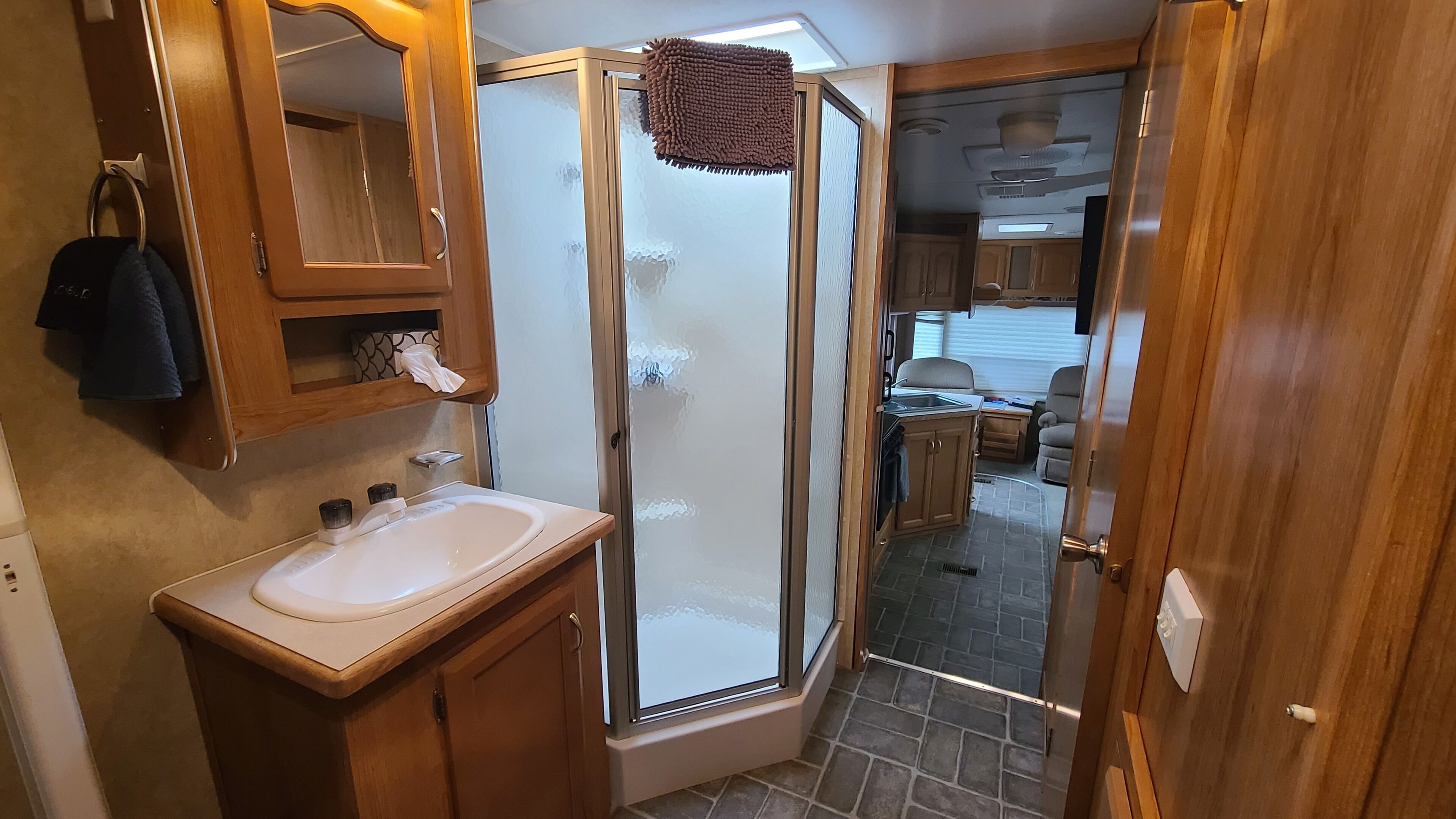 Shower, towels, soap, toilet paper