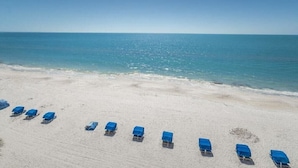 Una playa con hileras de sillas azules mirando al océano.