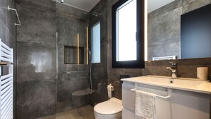 Shower, hair dryer, towels, toilet paper