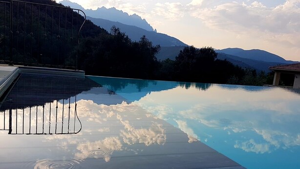 Ein Swimmingpool mit deutlicher Spiegelung von Himmel und Bergen. Am Poolrand stehen zwei Sonnenblumen.
