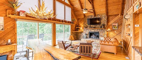 Télévision, cheminée, lecteur de DVD, table de tennis de table