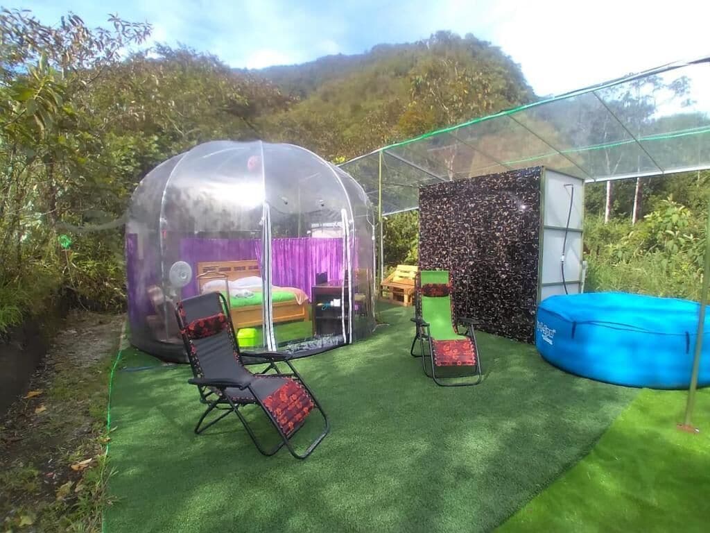 A transparent tent with a bed inside, surrounded by artificial grass and a blue inflatable pool.