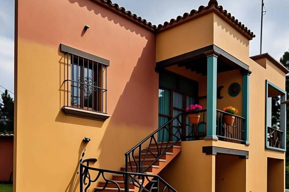 A two-story house with a stone-paved courtyard, a staircase with metal railings, and a balcony with potted plants.