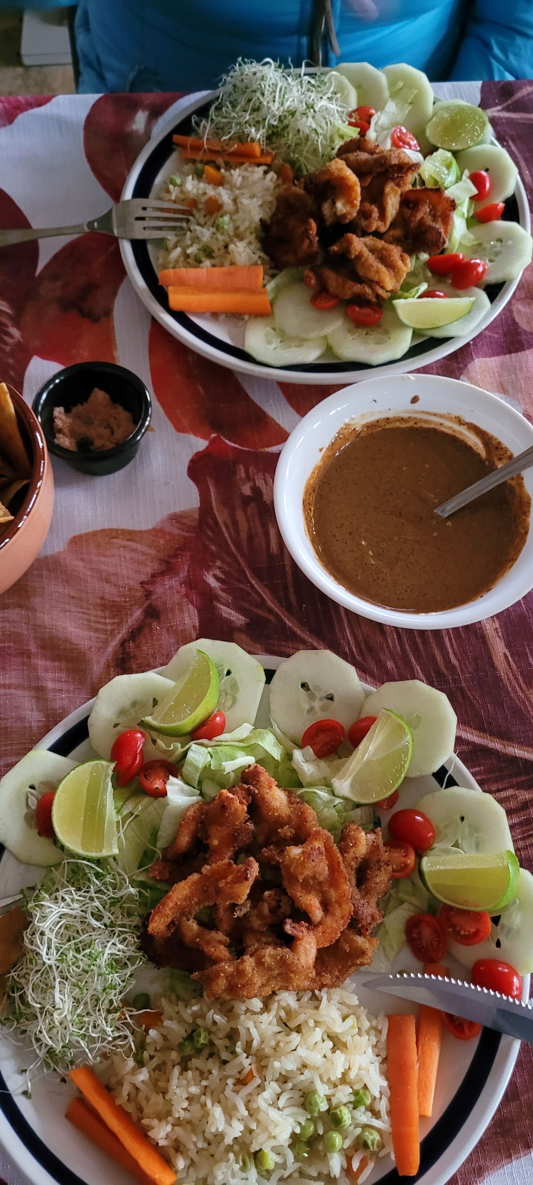 Une table avec des assiettes remplies de nourriture, notamment du riz, des légumes et un bol de sauce.