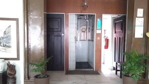 A hotel entrance with a metal gate, a wooden door, and a potted plant. - Hotel Central Recife (Recife)