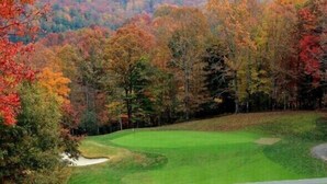 Ein Golfplatz mit grüner Spielbahn, Sandbunkern und bewaldeter Kulisse.