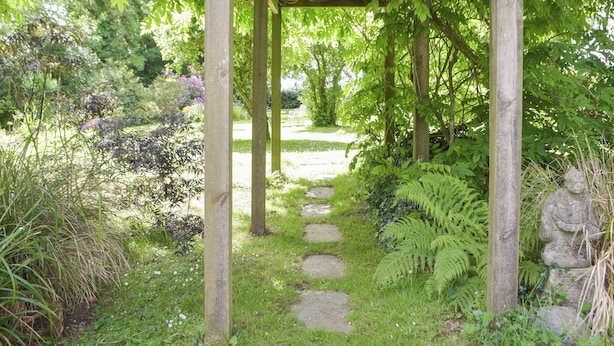 A garden pathway under a wooden pergola with stone steps, surrounded by lush greenery and ferns. - 2 bedroom accommodation in Narberth (Narberth)