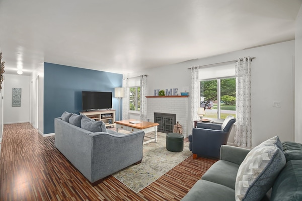 Smart TV, fireplace, books