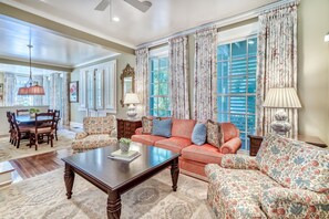 TV, fireplace, books, video library