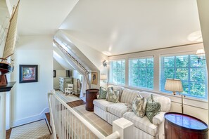 TV, fireplace, books, video library