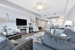 Smart TV, fireplace, video games, books