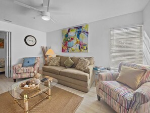 Flat-screen TV, books, music library