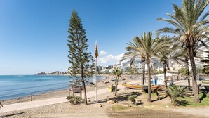 Una spiaggia con una bandiera, palme e una barca.