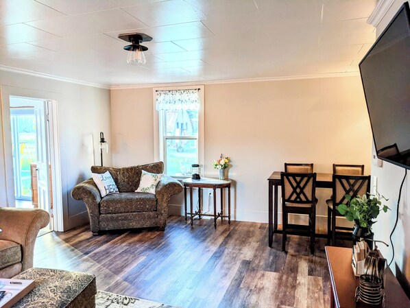 Smart TV, fireplace, books