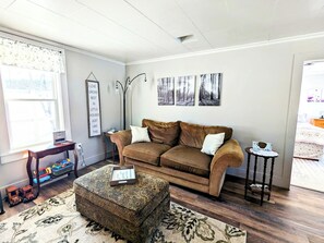 Smart TV, fireplace, books