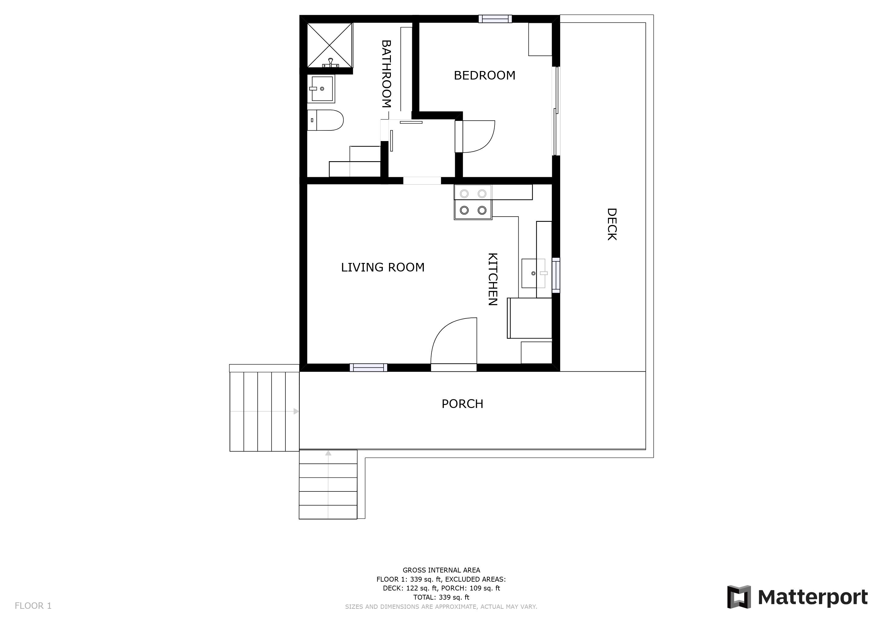 Un plan d’étage d’un appartement d’une chambre comprenant un salon, une cuisine, une salle de bain et un balcon.