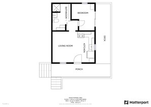 A floor plan of a 1-bedroom apartment with a living room, kitchen, bathroom, and balcony. - ❤️ Tiny House with Creek Access ❤️ (Anderson)