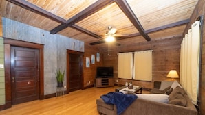 Un salon chaleureux avec des murs et un plafond en bois, un canapé, un téléviseur et un ventilateur de plafond.