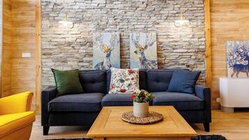 Superior Chalet, 3 Bedrooms, Sauna, Mountain View | Living area | 100-cm TV with satellite channels, fireplace