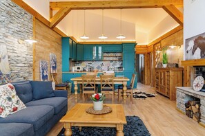 Superior Chalet, 3 Bedrooms, Sauna, Mountain View | Living area | 100-cm TV with satellite channels, fireplace