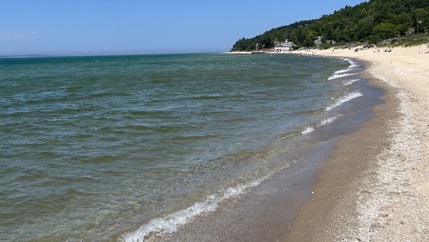 A beach with clear waters, a sandy shore, and a forested hillside in the background.