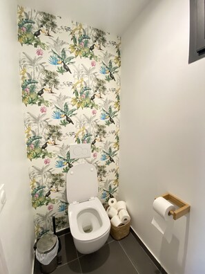 Combined shower/tub, hair dryer, towels, toilet paper