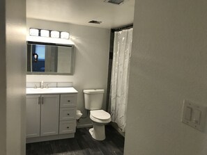 Combined shower/tub, hair dryer, towels, soap