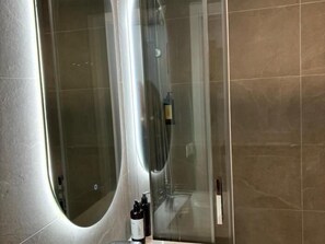Shower, hair dryer, towels