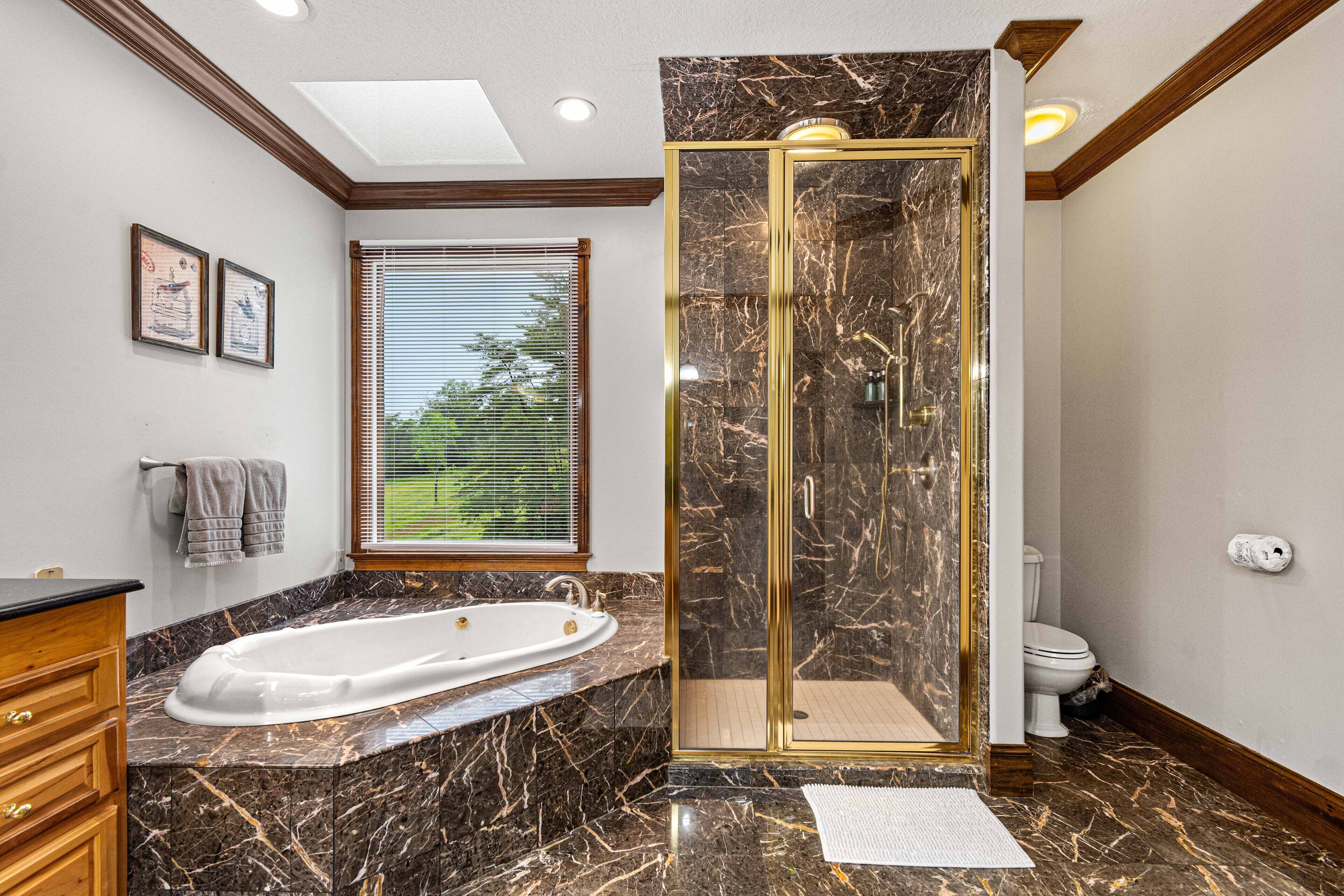 A bathroom with a marble vanity, a bathtub, a walk-in shower, and a toilet.