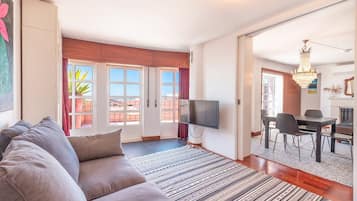 TV, fireplace, books