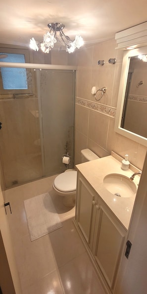 Douche, séchoir à cheveux, serviettes fournies, savon
