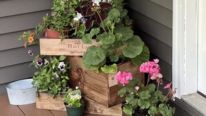 Une pancarte d’accueil en bois, portant le mot « BIENVENUE », est placée sur un porche agrémenté de différentes plantes en pot.