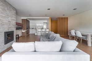 Flat-screen TV, fireplace