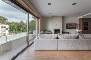 Flat-screen TV, fireplace