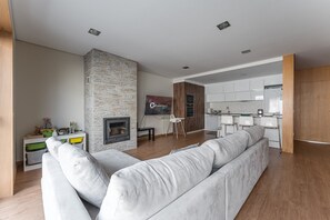 Flat-screen TV, fireplace