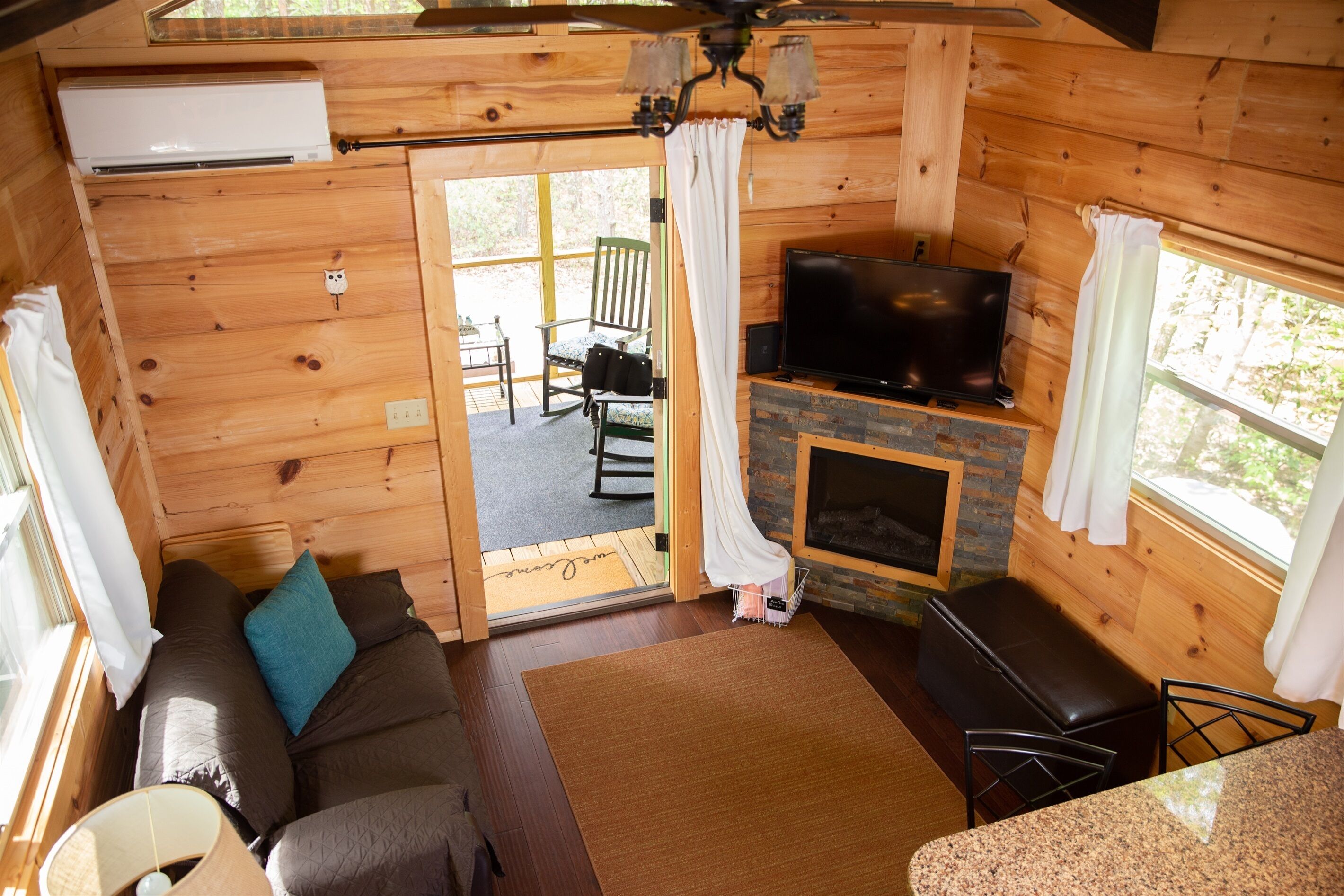 Smart TV, chimenea, reproductor de DVD y libros 