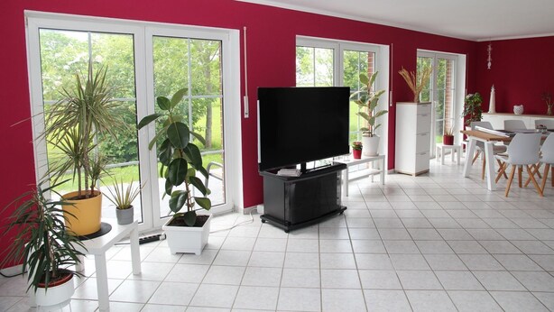 Una sala de estar moderna con un televisor de pantalla plana, ventanas amplias y plantas en macetas.
